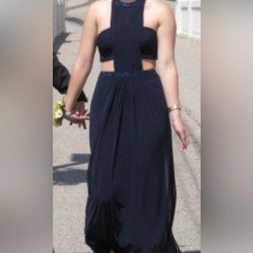 La Femme Navy Blue Maxi Dress with Subtle Sparkle Trim - Picture 8 of 8